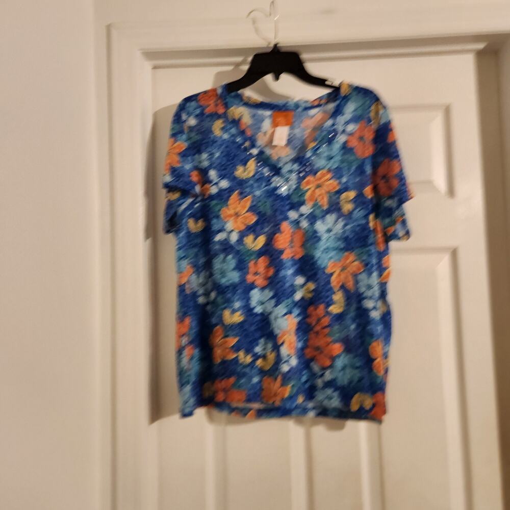 Heart Of Palms Womens Blouse Semi-Sheer. Bejeweled Neckline. Blue 1x